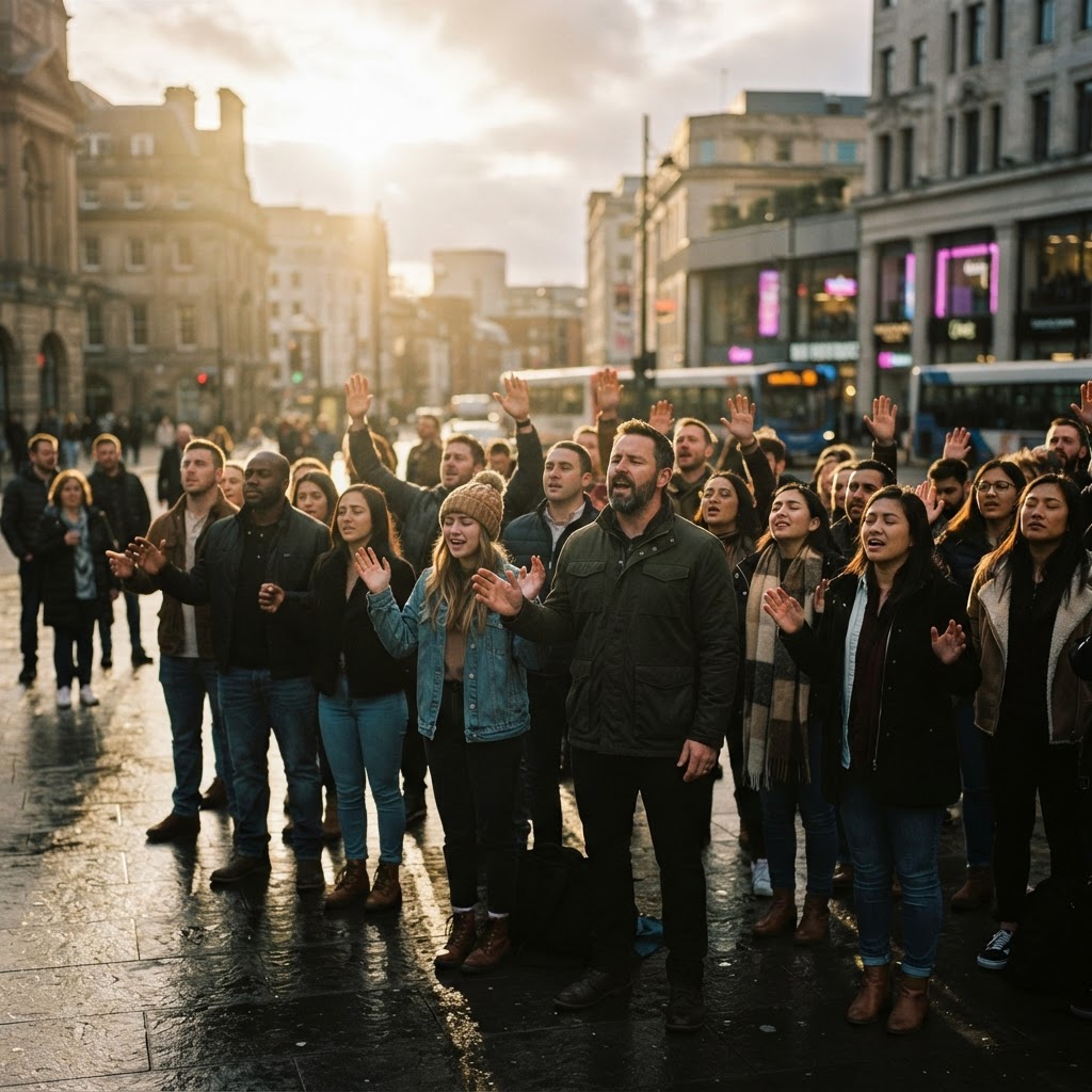 Believers standing boldly in public worship
